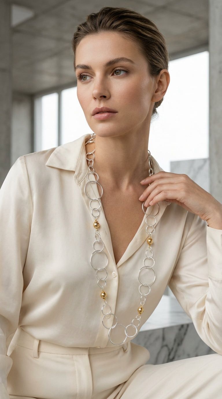 ENVY Long Silver Loop Necklace with Gold Bead Design