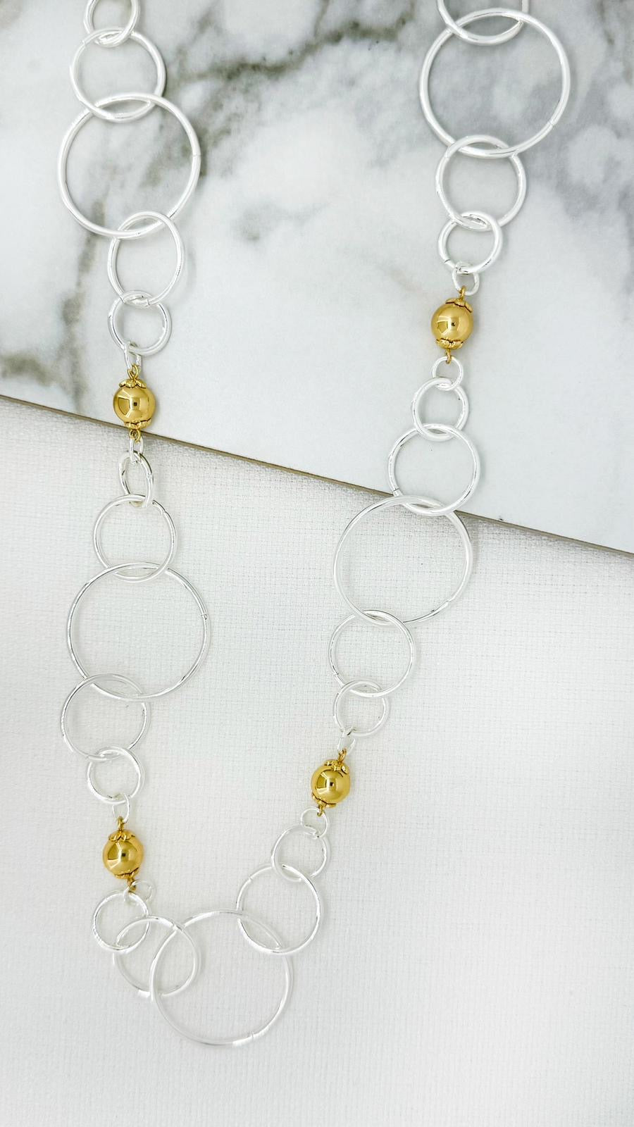 ENVY Long Silver Loop Necklace with Gold Bead Design