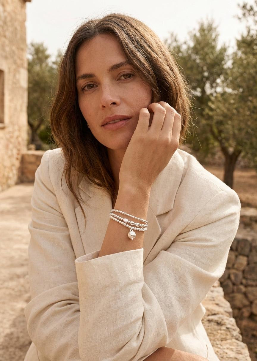 ENVY Silver Triple Layer Stretch Bracelet with Silver Ball Charm