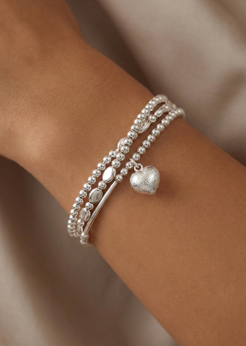 ENVY Silver Triple Layer Stretch Bracelet with Silver Ball Charm
