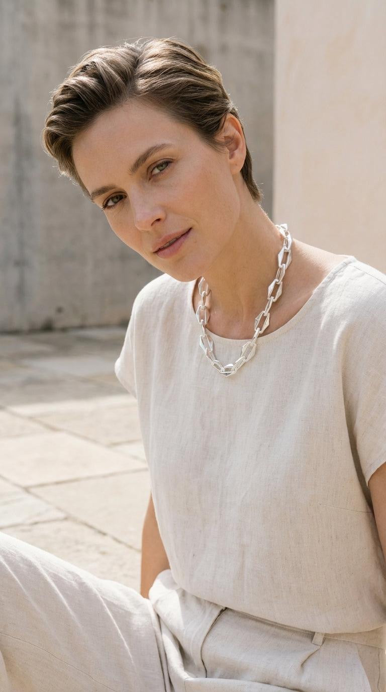 ENVY Short Chunky Faceted Silver Link Necklace