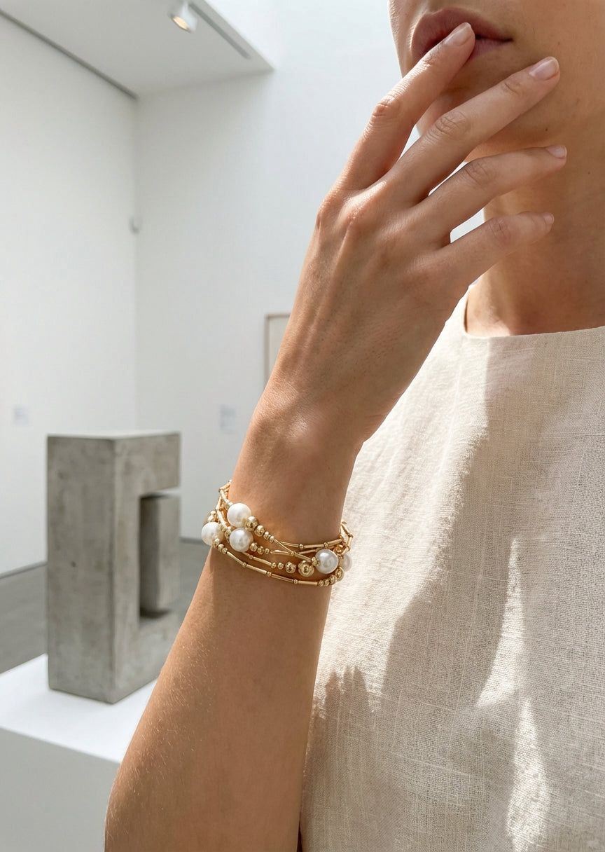 ENVY Gold Multi Layered Stretch Bracelet with Pearl and Ball Detail