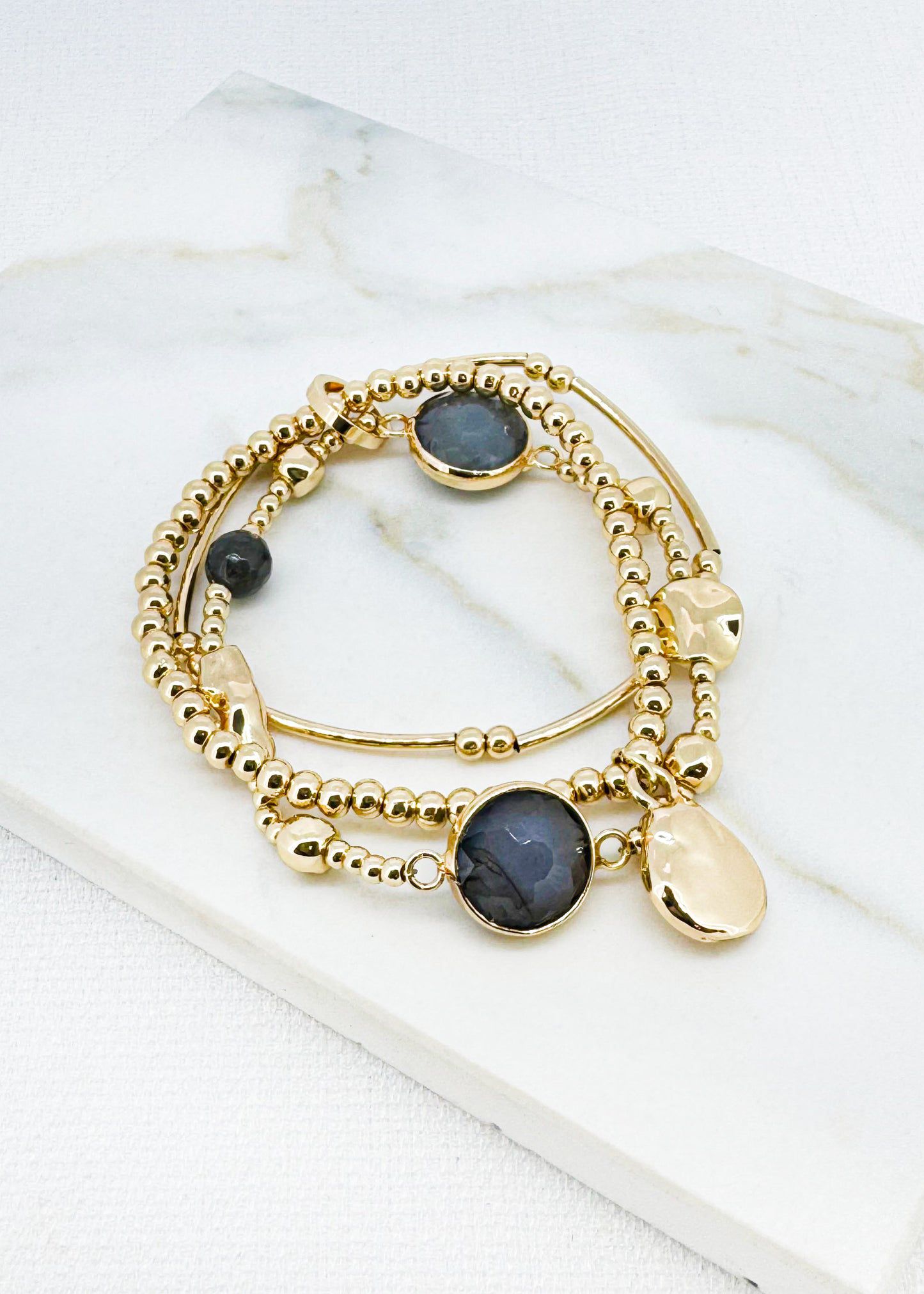 ENVY Gold Triple Layer Stretched Bracelet with Grey Bead Design