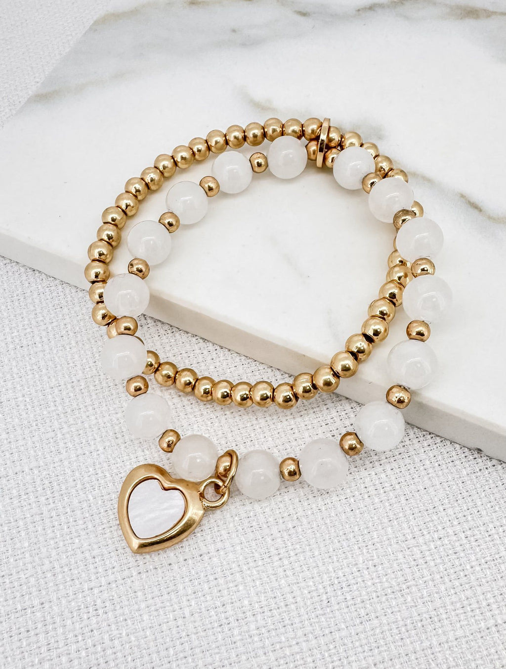 ENVY Double Layer Gold and White Bead Stretch Bracelet with Heart Charm