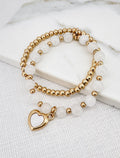 ENVY Double Layer Gold and White Bead Stretch Bracelet with Heart Charm