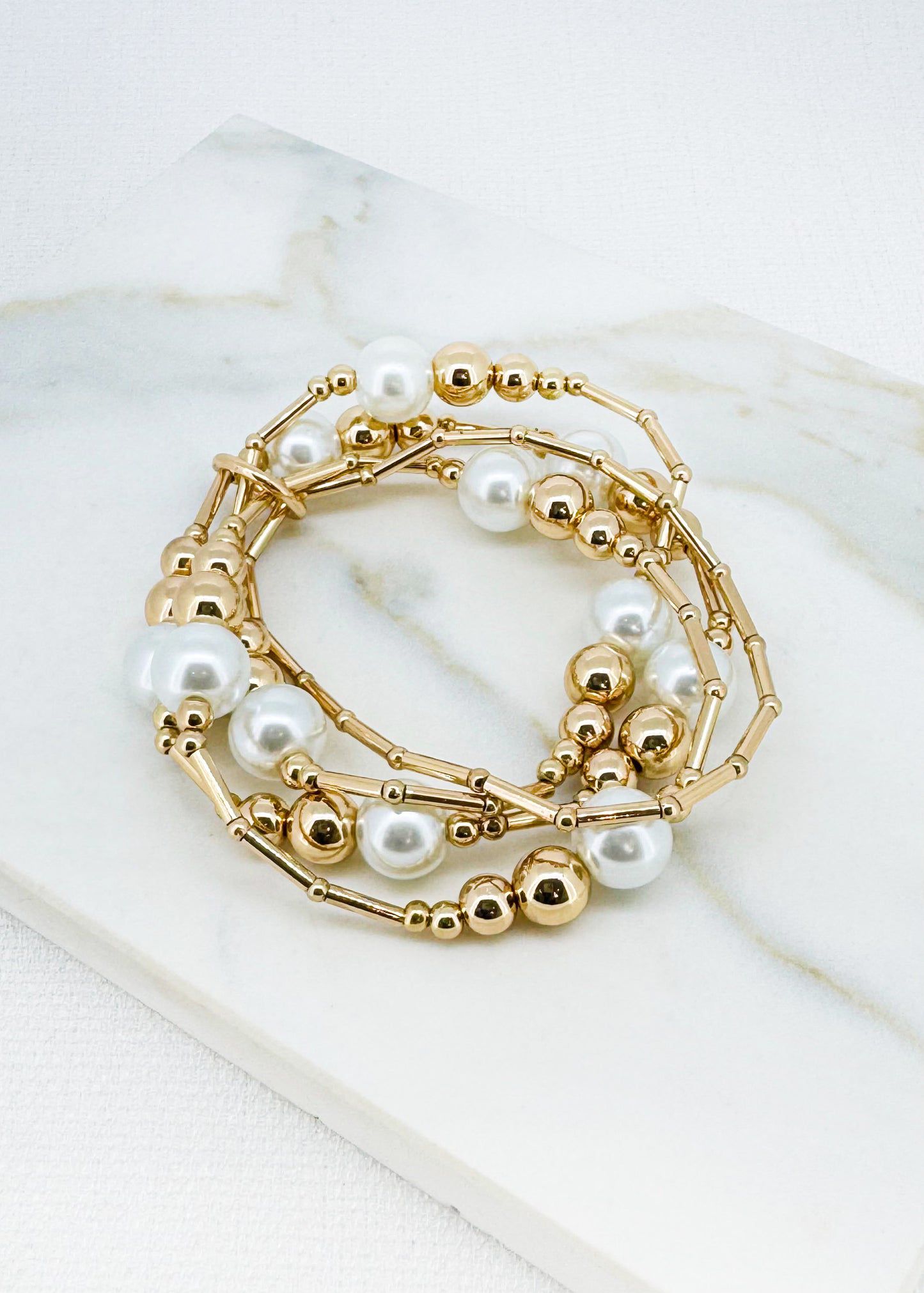 ENVY Gold Multi Layered Stretch Bracelet with Pearl and Ball Detail