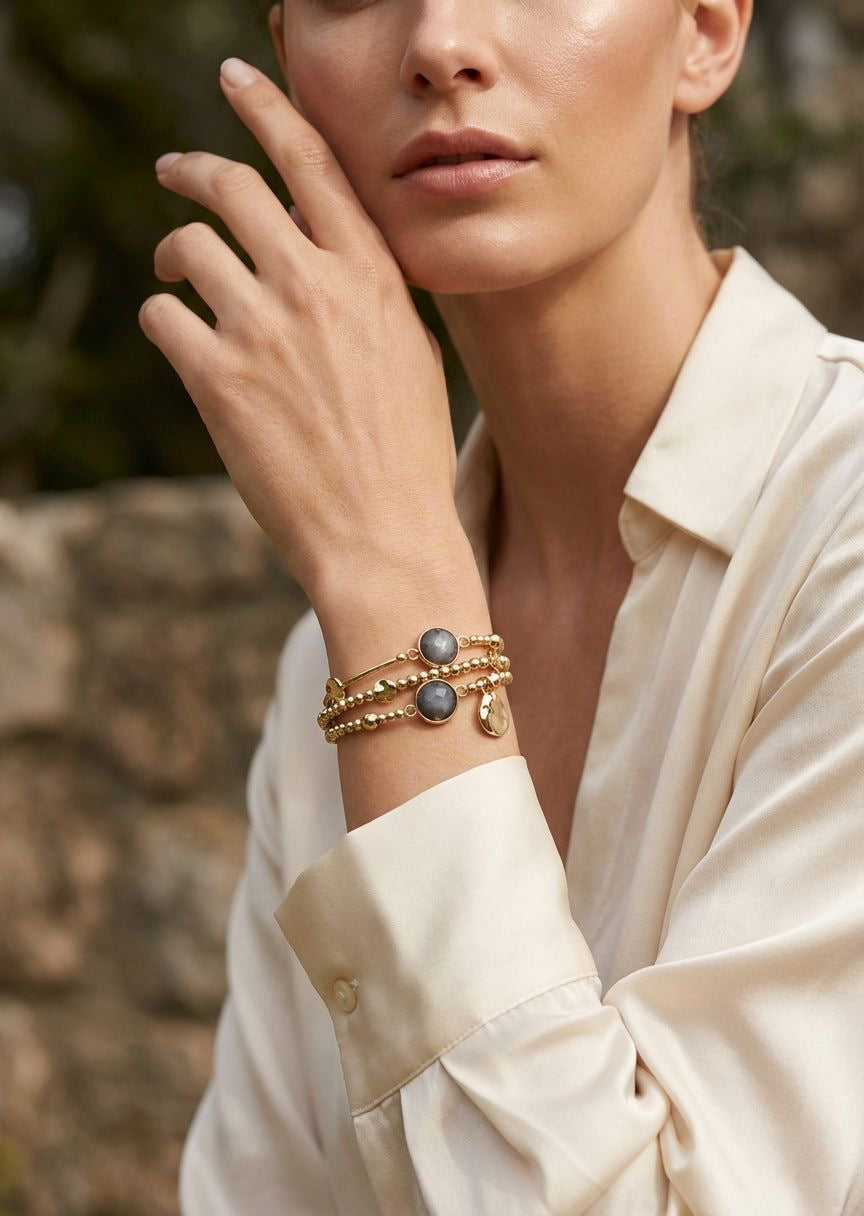 ENVY Gold Triple Layer Stretched Bracelet with Grey Bead Design